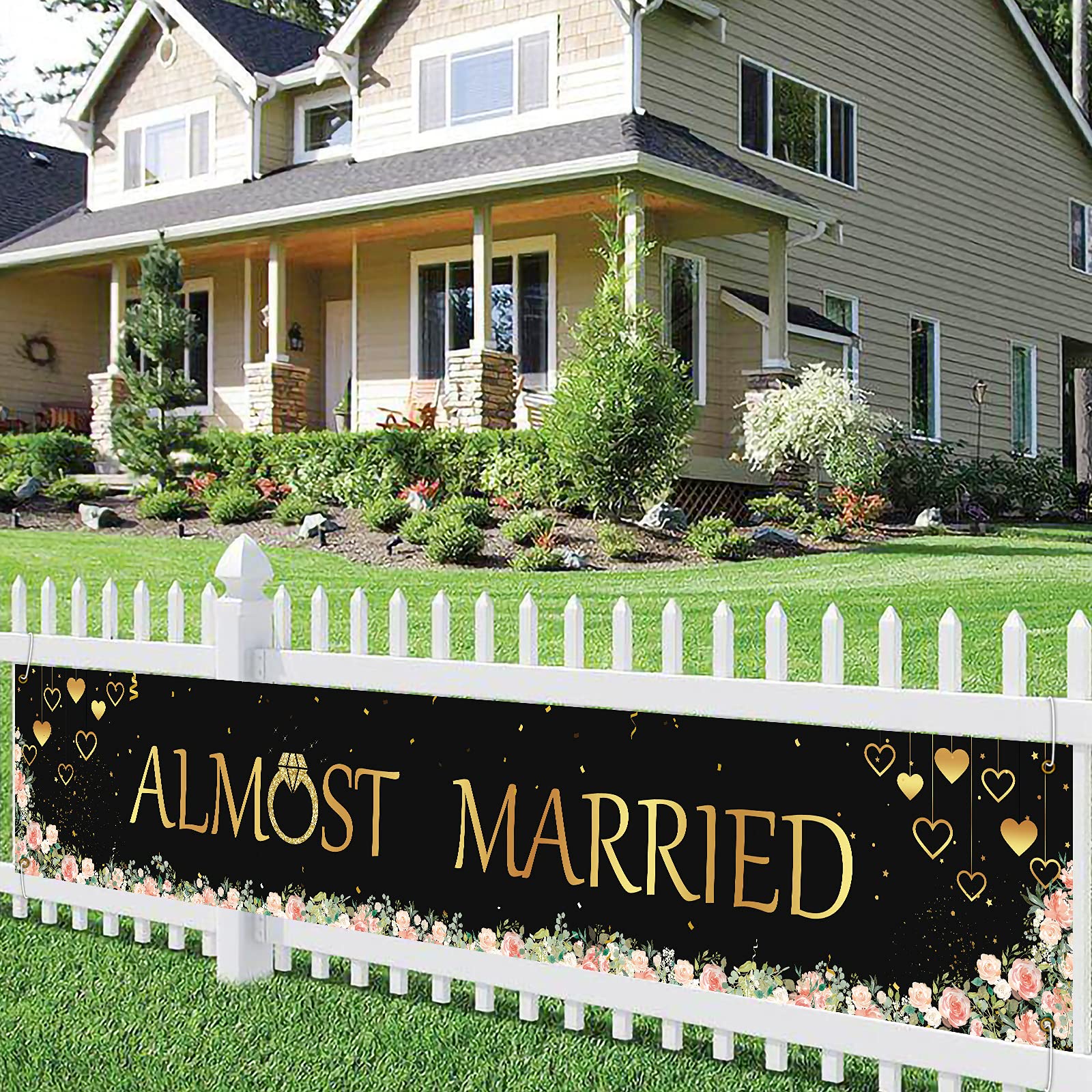 WHPCT Almost Married Banner,Gold Romantic Flower & Heart Sign Banner Backdrop For Bridal Shower,Wedding Party Yard Sign Decorations 9.8 X1.6 Feet