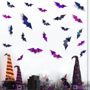 72Pcs Bats Halloween Decoration Iridescent 3D Bats Wall Decor Black Purple Holographic Paper Decorative Bat Wall Art Decals Stickers Spooky Bats for Halloween Home Room Decor Party Decoration Supplies