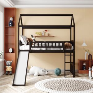 Harper & Bright Designs Twin Loft Bed with Slide and Ladder, House Loft Beds with Roof and Guardrail for Kids, Toddlers, Teens (Twin Size, Espresso)