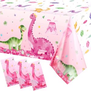 3 pieces dinosaur party tablecloths pink dinosaur table covers plastic disposable dinosaur printed table cloths rectangular dino party supplies for kids birthday baby shower party, 54 x 86.7 inches