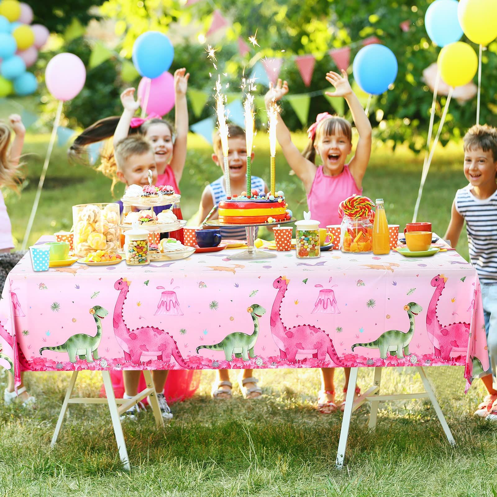 3 Pieces Dinosaur Party Tablecloths Pink Dinosaur Table Covers Plastic Disposable Dinosaur Printed Table Cloths Rectangular Dino Party Supplies for Kids Birthday Baby Shower Party, 54 x 86.7 Inches