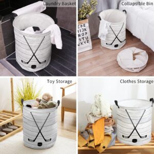 Laundry Baskets with Handles, Sports Ice Hockey Waterproof Freestanding Laundry Hamper, Round Collapsible Hampers for Bedroom, Laundry, Clothes, Toys, Rustic Wood, 16.5x17inch