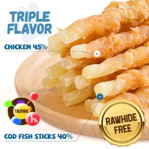 Chicken Wrapped Cod Sticks Dog Treats, Rawhide Free Dog Chewy Natural Training Rewards Snacks Dog Treats for Small Medium Large Dogs 15-17 Counts