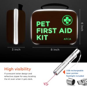 ARCA PET Cat & Dog First Aid Kit | Vet Approved |108-Piece Safety Essentials, Durable Case with Reflective Safety Strips, Includes Thermometer, Emergency Card and Pet First Aid Manual