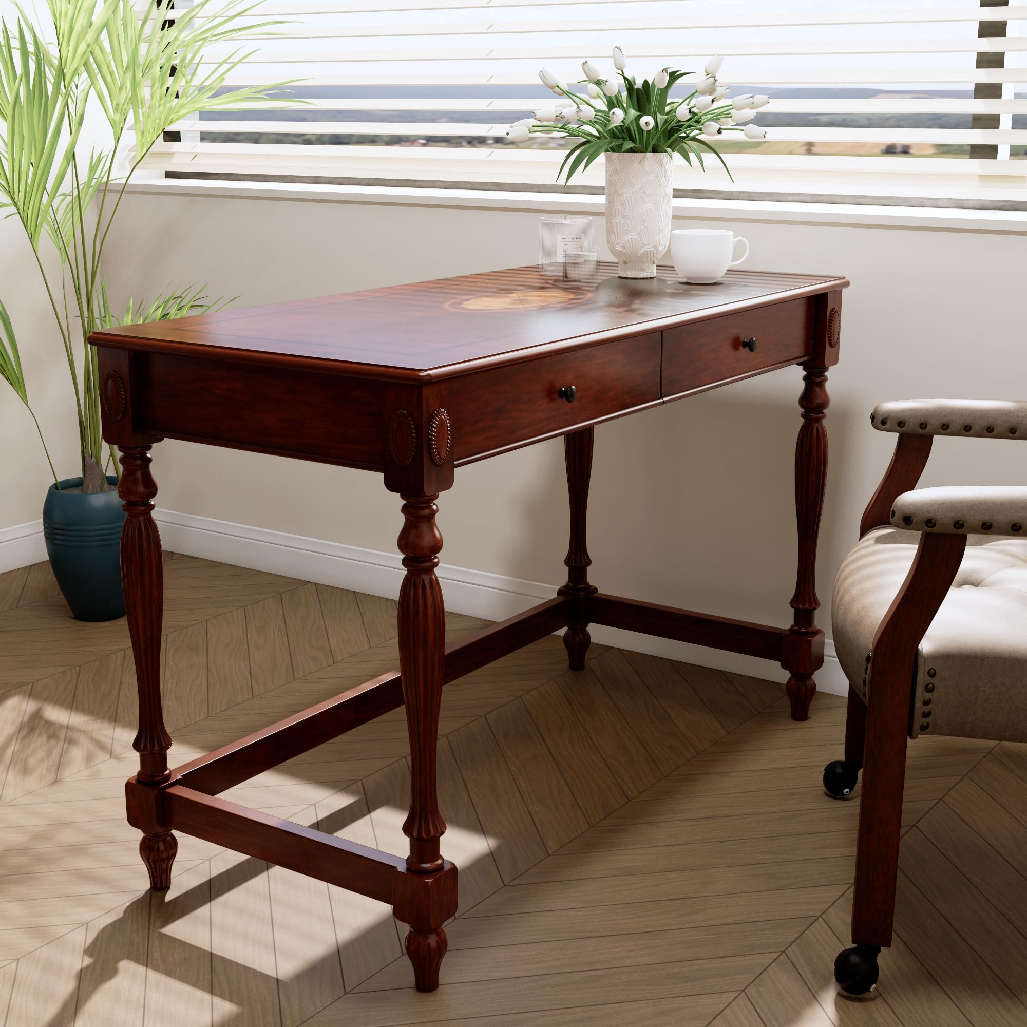 MODERION Solid Wood Computer Desk with 2 Drawers, Traditional Vanity Dressing Table, 46” Home Office Writing Desk, Workstation Easy Assembly Cherry Red Walnut BSZ1533WD