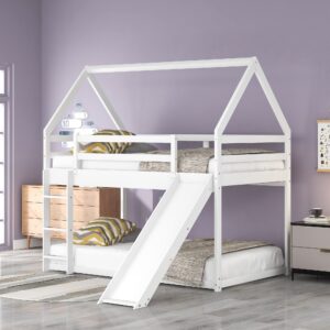 harper & bright designs twin over twin low bunk bed with slide, solid wood house bunk bed for kids girls boys (white)