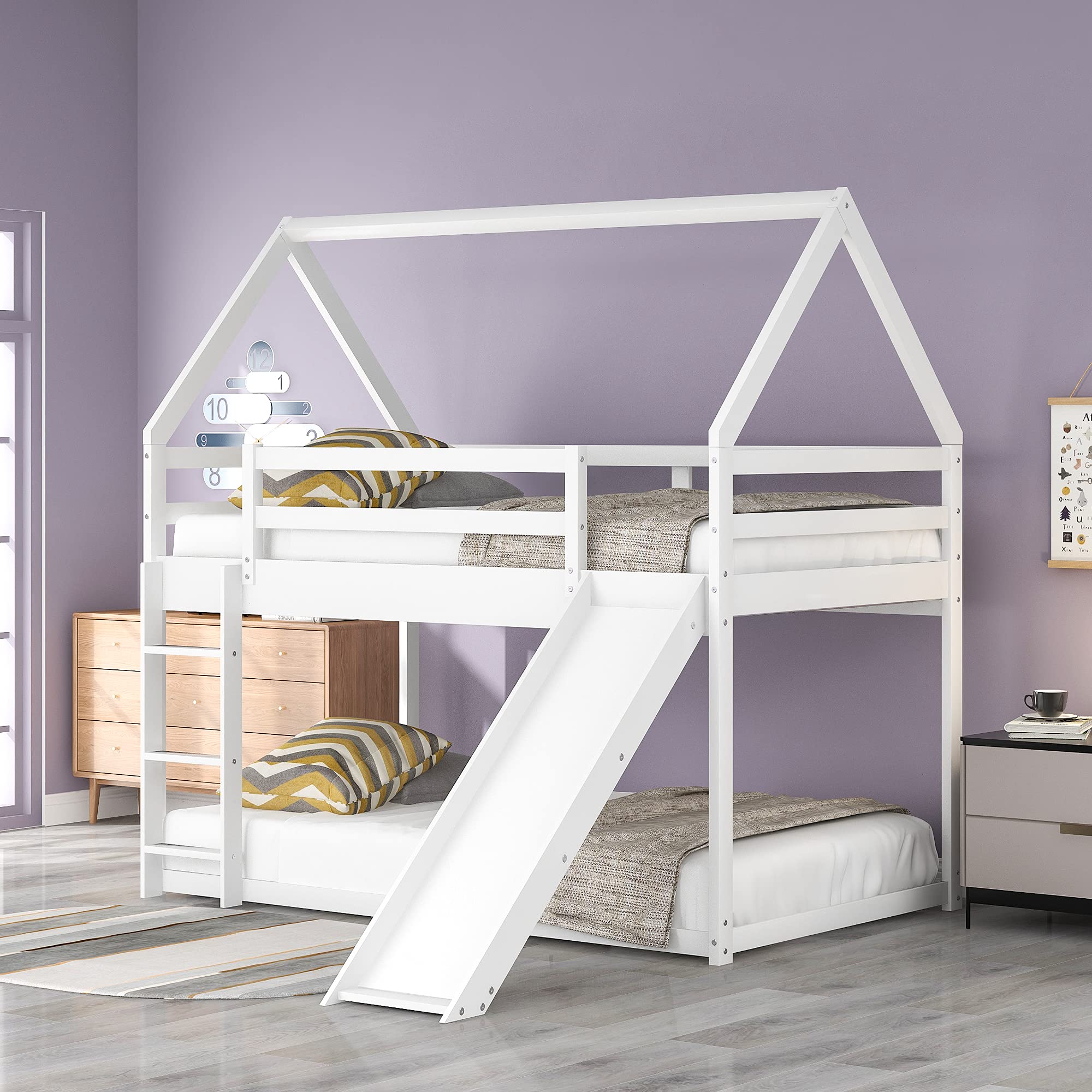 Harper & Bright Designs Twin Over Twin Low Bunk Bed with Slide, Solid Wood House Bunk Bed for Kids Girls Boys (White)