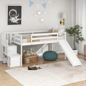 Harper & Bright Designs Kids Twin Loft Bed with Slide, Low Loft Bed Frame with Stairs and Storage Shelves, Slide Loft Bed for Boys and Girls, No Box Spring Needed,White