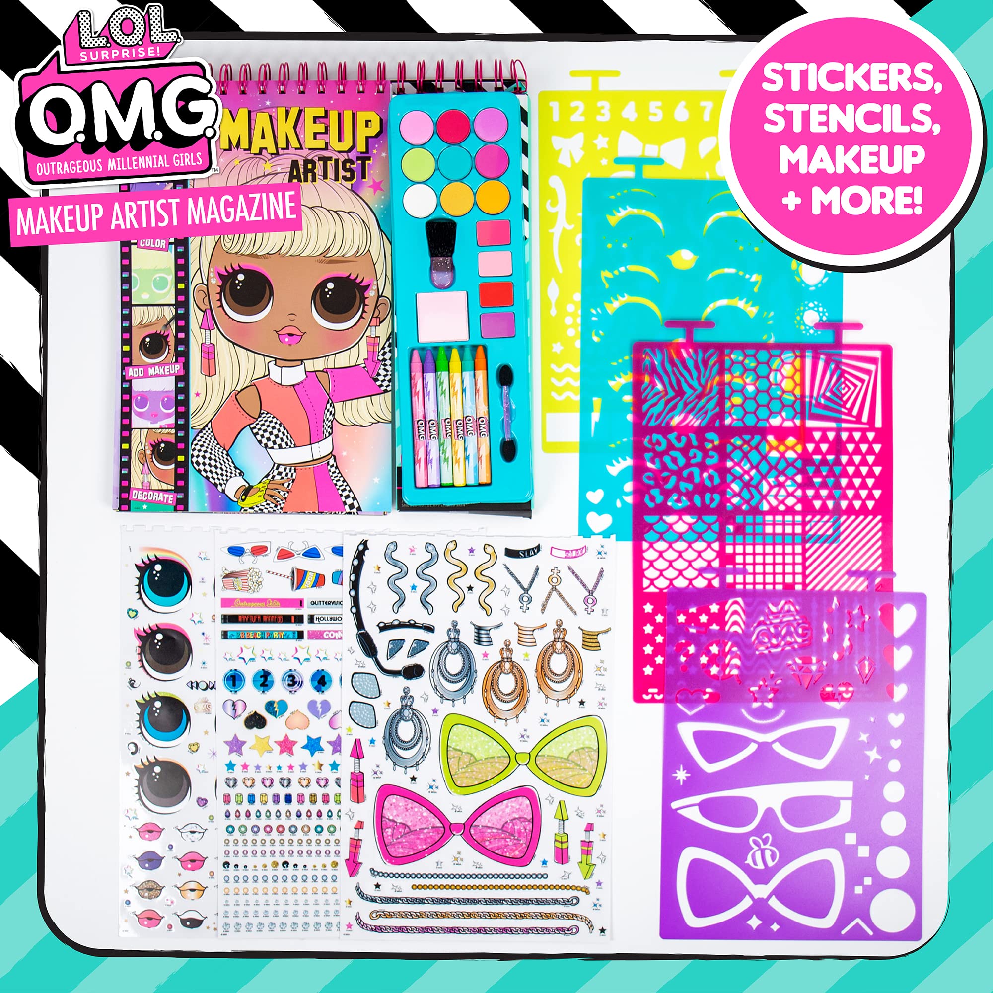 Horizon Group USA L.O.L. Surprise! O.M.G. Make-Up Artist Magazine, Double Feature Series, Includes Spiral-Bound Make-Up Sketchbook, Crayons, Stickers, Surprise Scratch Reveal Stickers & More