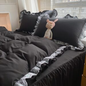 MOOWOO Chic Ruffle Lace Polyester Duvet Cover Set -Girl Black Bedding-3 Piece Queen Duvet Cover with Zipper Closure -Ultra Soft and Light Weight(Black, Queen)