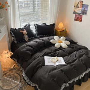 MOOWOO Chic Ruffle Lace Polyester Duvet Cover Set -Girl Black Bedding-3 Piece Queen Duvet Cover with Zipper Closure -Ultra Soft and Light Weight(Black, Queen)