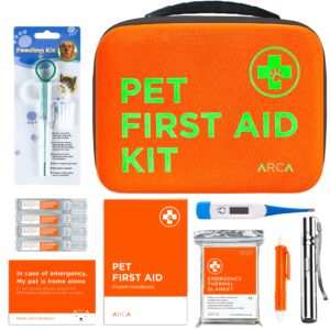 arca pet cat & dog first aid kit | vet approved |108-piece safety essentials, durable case with reflective safety strips, includes thermometer, emergency card and pet first aid manual