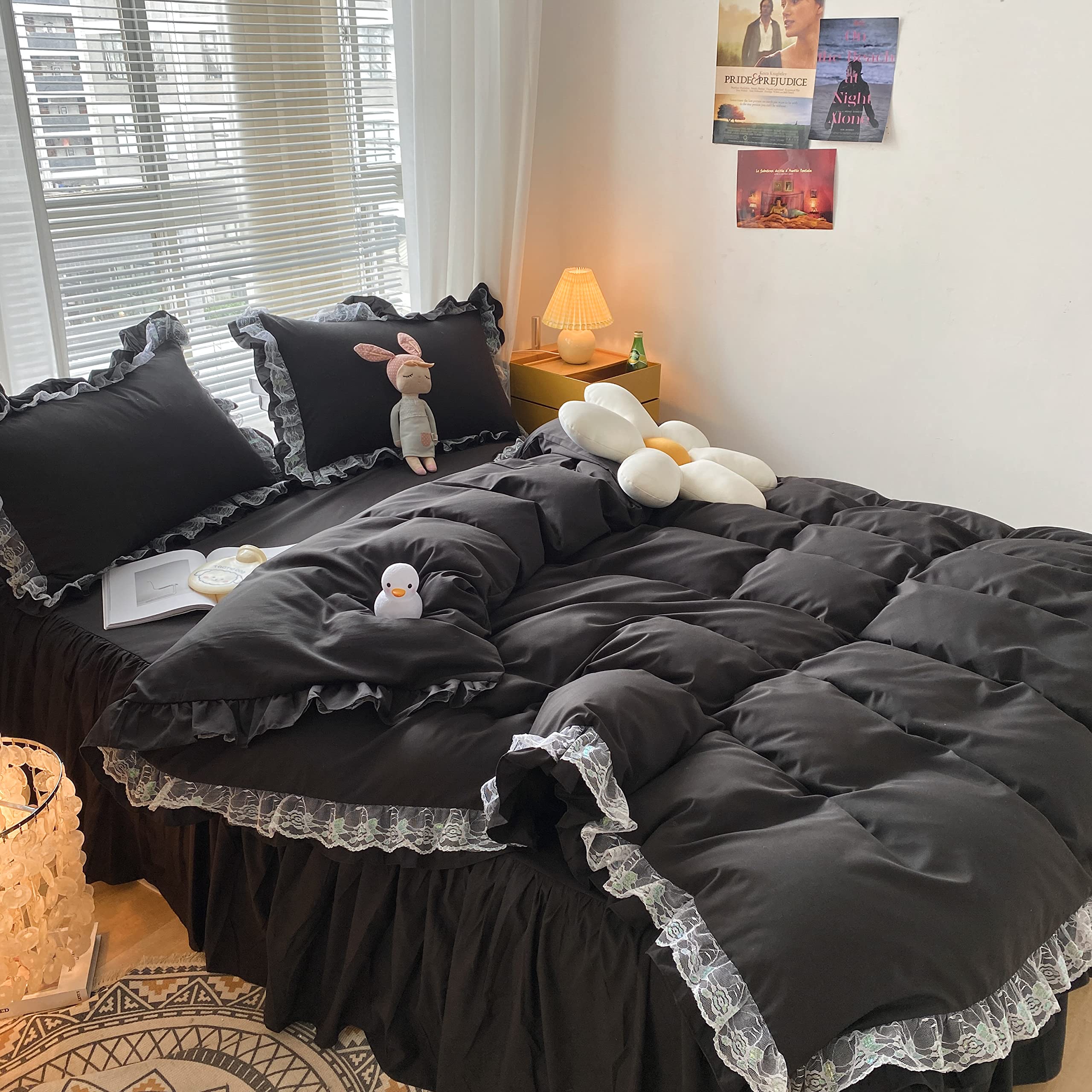 MOOWOO Chic Ruffle Lace Polyester Duvet Cover Set -Girl Black Bedding-3 Piece Queen Duvet Cover with Zipper Closure -Ultra Soft and Light Weight(Black, Queen)