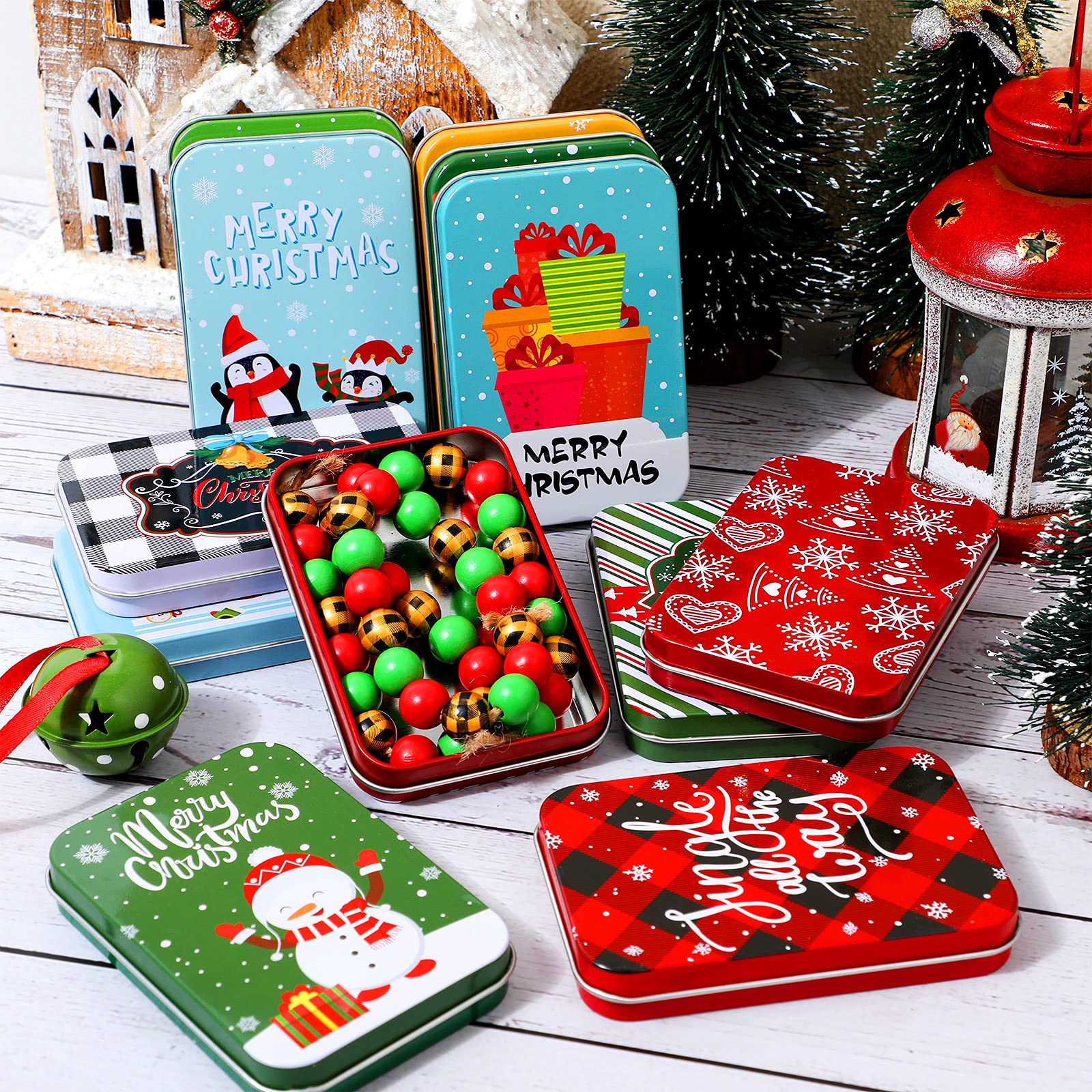 Moxweyeni 12 Pcs Colorful Christmas Card Tin Holder Boxes Christmas Tins Gift Card Holder Stylish Holiday Tin Boxes with Lids for Christmas Gift Cards Party Favors,4.9 x 3.3 x 0.7 Inches (Cute)