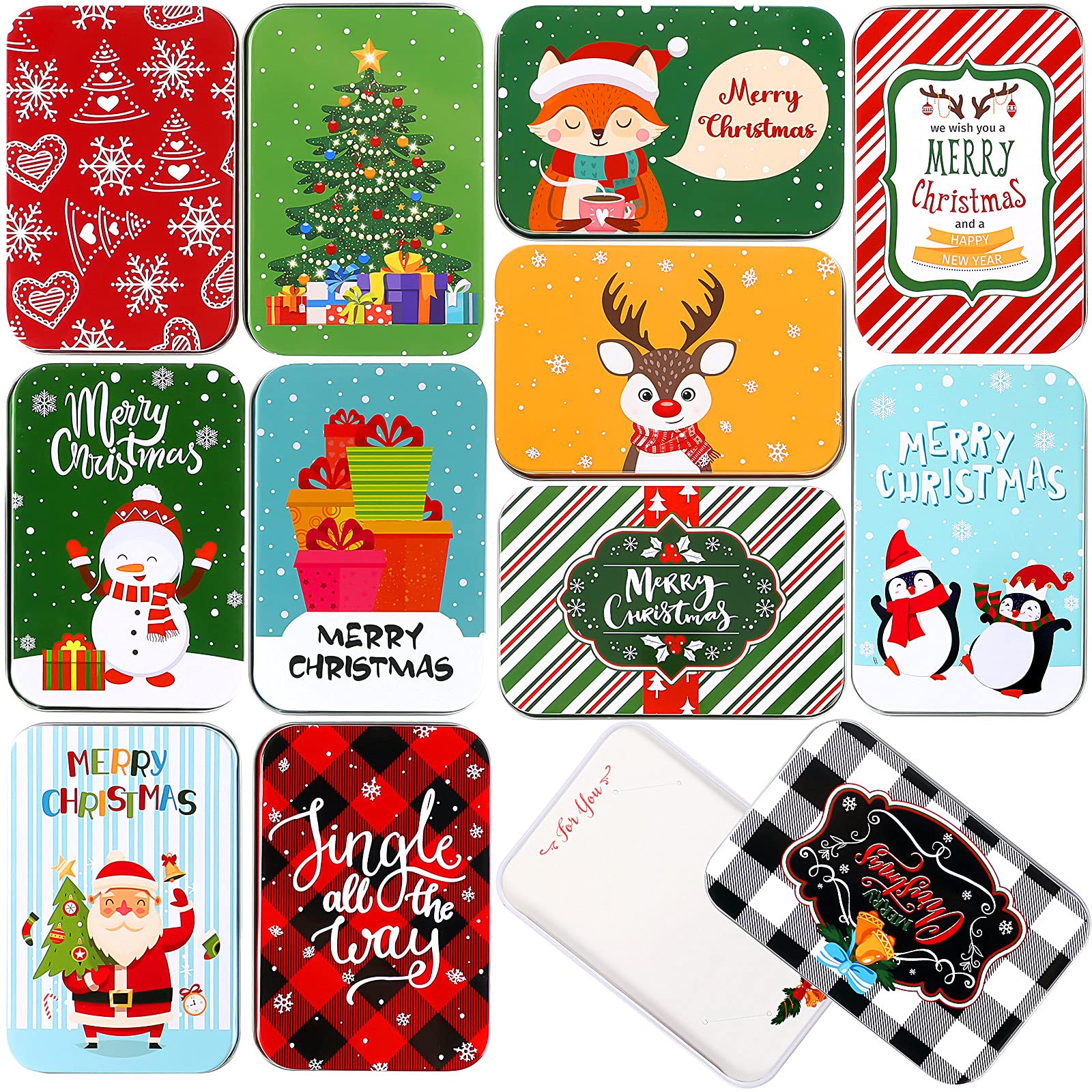 Moxweyeni 12 Pcs Colorful Christmas Card Tin Holder Boxes Christmas Tins Gift Card Holder Stylish Holiday Tin Boxes with Lids for Christmas Gift Cards Party Favors,4.9 x 3.3 x 0.7 Inches (Cute)