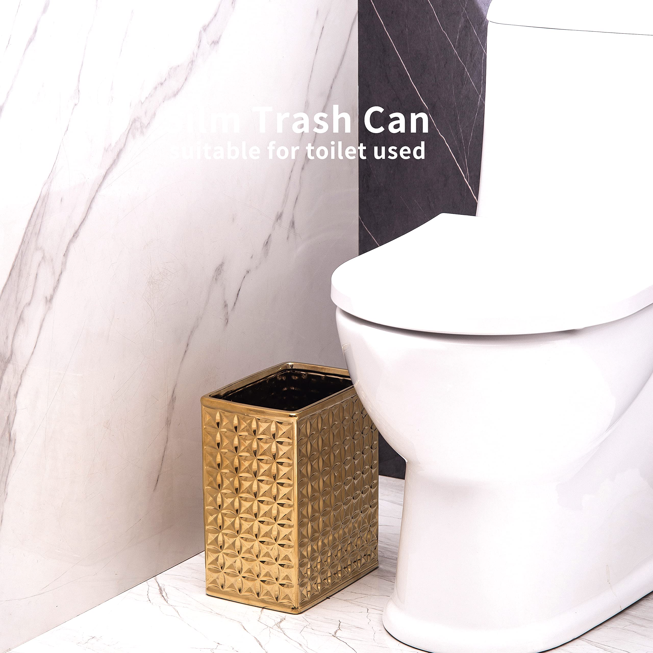 BASDHE Trash Can for Bathroom, Small Office Garbage Can for Kitchen, Slim Rectangular Waste Bin, Ceramic, Gold