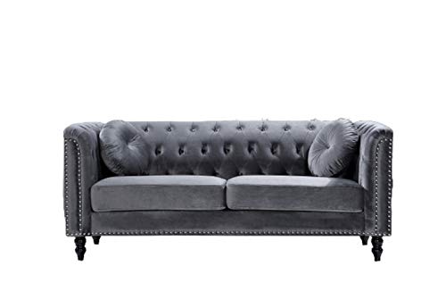 US Pride Furniture Modern Style High Density Foam Cool Grey Velvet Rolled Arm Chesterfield Living Room Removable Cushion & Solid Wood Legs (S5608-5613) Sofas