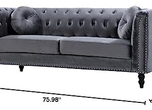 US Pride Furniture Modern Style High Density Foam Cool Grey Velvet Rolled Arm Chesterfield Living Room Removable Cushion & Solid Wood Legs (S5608-5613) Sofas