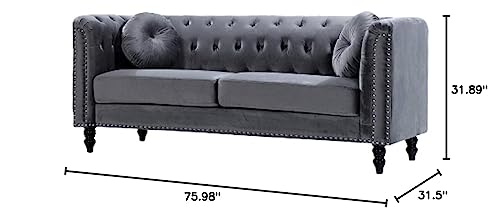 US Pride Furniture Modern Style High Density Foam Cool Grey Velvet Rolled Arm Chesterfield Living Room Removable Cushion & Solid Wood Legs (S5608-5613) Sofas