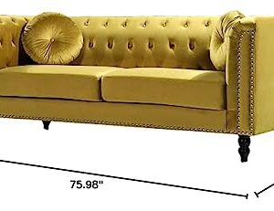 US Pride Furniture Modern Style High Density Foam 75.98'' Wide Golden Velvet Rolled Arm Chesterfield Living Room Removable Cushion & Solid Wood Legs (S5608-5613) Sofas, Strong Yellow