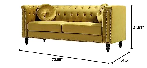 US Pride Furniture Modern Style High Density Foam 75.98'' Wide Golden Velvet Rolled Arm Chesterfield Living Room Removable Cushion & Solid Wood Legs (S5608-5613) Sofas, Strong Yellow