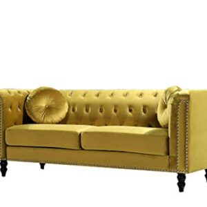 US Pride Furniture Modern Style High Density Foam 75.98'' Wide Golden Velvet Rolled Arm Chesterfield Living Room Removable Cushion & Solid Wood Legs (S5608-5613) Sofas, Strong Yellow