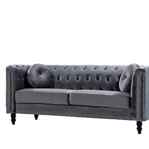 US Pride Furniture Modern Style High Density Foam Cool Grey Velvet Rolled Arm Chesterfield Living Room Removable Cushion & Solid Wood Legs (S5608-5613) Sofas