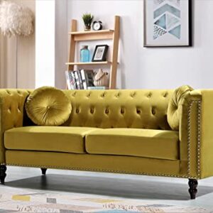 US Pride Furniture Modern Style High Density Foam 75.98'' Wide Golden Velvet Rolled Arm Chesterfield Living Room Removable Cushion & Solid Wood Legs (S5608-5613) Sofas, Strong Yellow