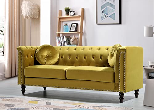 US Pride Furniture Modern Style High Density Foam 75.98'' Wide Golden Velvet Rolled Arm Chesterfield Living Room Removable Cushion & Solid Wood Legs (S5608-5613) Sofas, Strong Yellow