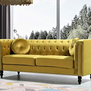 US Pride Furniture Modern Style High Density Foam 75.98'' Wide Golden Velvet Rolled Arm Chesterfield Living Room Removable Cushion & Solid Wood Legs (S5608-5613) Sofas, Strong Yellow