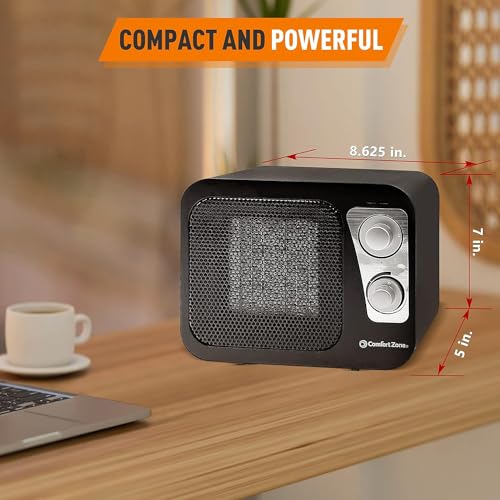 Comfort Zone Electric Retro Design Ceramic Space Heater, Adjustable Thermostat, 2 Heat Settings, Overheat Protection, Safety Tip-Over Switch, Portable for Home, Bedroom & Office Use, 1,500W, CZ470BKB