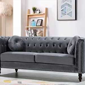 US Pride Furniture Modern Style High Density Foam Cool Grey Velvet Rolled Arm Chesterfield Living Room Removable Cushion & Solid Wood Legs (S5608-5613) Sofas