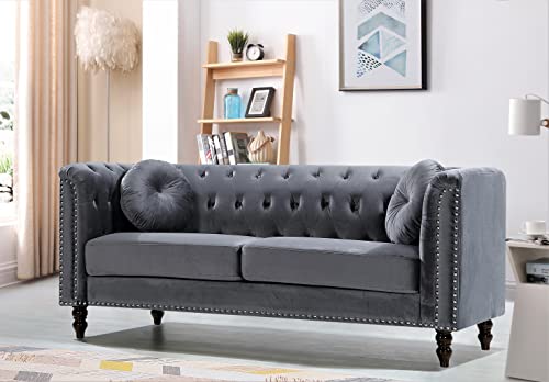 US Pride Furniture Modern Style High Density Foam Cool Grey Velvet Rolled Arm Chesterfield Living Room Removable Cushion & Solid Wood Legs (S5608-5613) Sofas