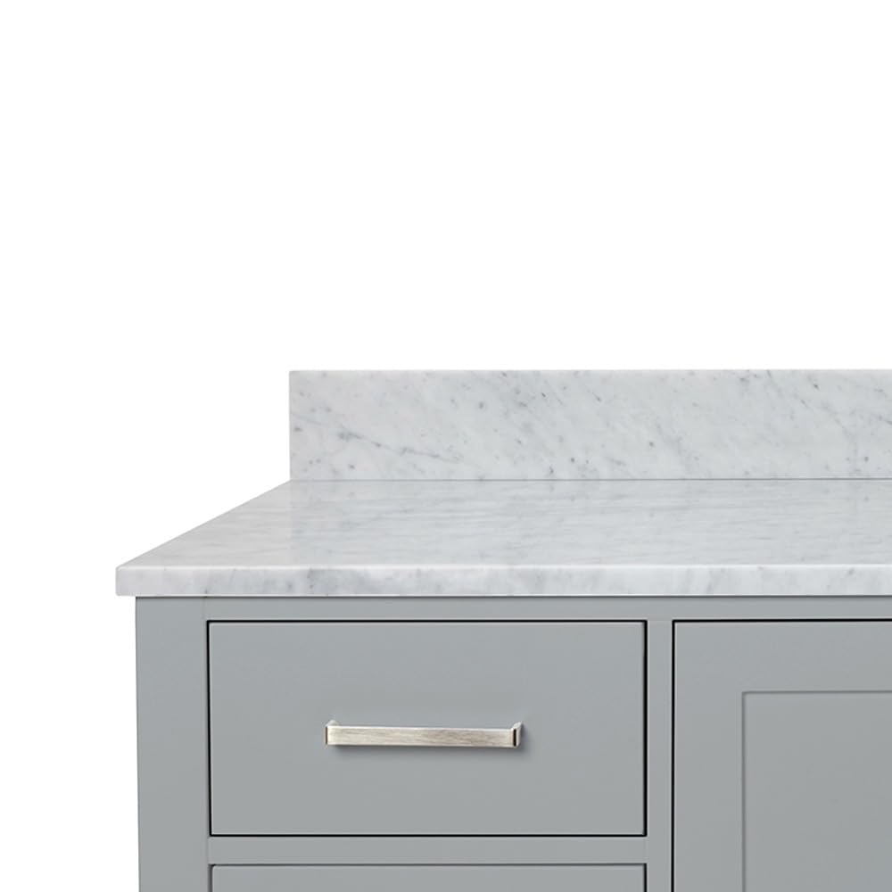 ARIEL 61" Grey Bathroom Vanity with Italian Carrara Marble Countertop & Backsplash, Center Oval Sink, 2 Soft Closing Doors, 9 Full Extension Dovetail Drawers, Brushed Nickel