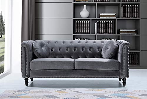 US Pride Furniture Modern Style High Density Foam Cool Grey Velvet Rolled Arm Chesterfield Living Room Removable Cushion & Solid Wood Legs (S5608-5613) Sofas