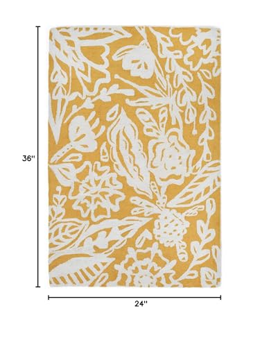 Fab Habitat Hand Hooked Area Rug - Stain Resistant, Plush/Soft Underfoot, Wool-Like Texture - Premium Recycled Polyester Yarn - Abstract Floral - Kitchen, Bathroom - Glamis - Mustard Yellow - 2 x 3 ft