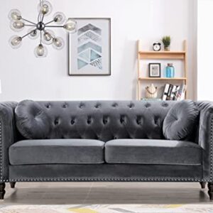 US Pride Furniture Modern Style High Density Foam Cool Grey Velvet Rolled Arm Chesterfield Living Room Removable Cushion & Solid Wood Legs (S5608-5613) Sofas