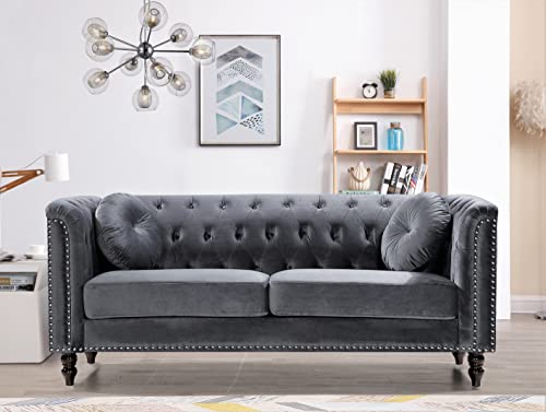 US Pride Furniture Modern Style High Density Foam Cool Grey Velvet Rolled Arm Chesterfield Living Room Removable Cushion & Solid Wood Legs (S5608-5613) Sofas