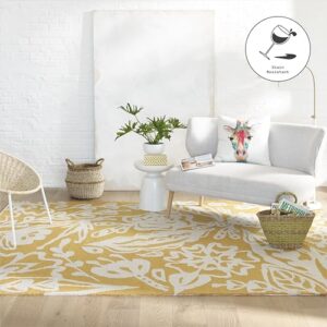 Fab Habitat Hand Hooked Area Rug - Stain Resistant, Plush/Soft Underfoot, Wool-Like Texture - Premium Recycled Polyester Yarn - Abstract Floral - Kitchen, Bathroom - Glamis - Mustard Yellow - 2 x 3 ft