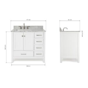 ARIEL Cambridge 37 Inch Bathroom Vanity with Sink, White Bathroom Vanity, Solid Wood Vanity Base Cabinet, Carrara Marble Countertop, Left Rectangular Single Sink, 2 Soft Closing Doors, 5 Drawers