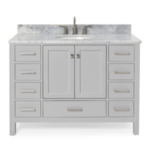 ariel 49" grey bathroom vanity with italian carrara marble countertop & backsplash, center oval sink, 2 soft closing doors, 9 full extension dovetail drawers, brushed nickel