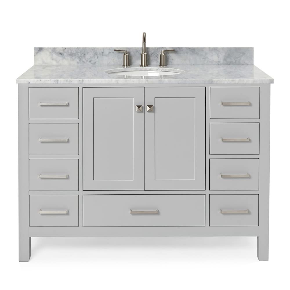 ARIEL 49" Grey Bathroom Vanity with Italian Carrara Marble Countertop & Backsplash, Center Oval Sink, 2 Soft Closing Doors, 9 Full Extension Dovetail Drawers, Brushed Nickel