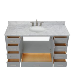 ARIEL 61" Grey Bathroom Vanity with Italian Carrara Marble Countertop & Backsplash, Center Oval Sink, 2 Soft Closing Doors, 9 Full Extension Dovetail Drawers, Brushed Nickel