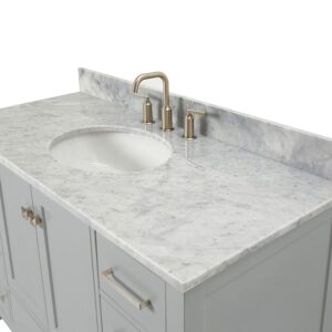 ARIEL 49" Grey Bathroom Vanity with Italian Carrara Marble Countertop & Backsplash, Center Oval Sink, 2 Soft Closing Doors, 9 Full Extension Dovetail Drawers, Brushed Nickel