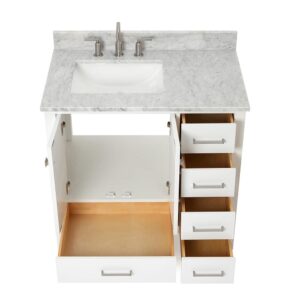 ARIEL Cambridge 37 Inch Bathroom Vanity with Sink, White Bathroom Vanity, Solid Wood Vanity Base Cabinet, Carrara Marble Countertop, Left Rectangular Single Sink, 2 Soft Closing Doors, 5 Drawers