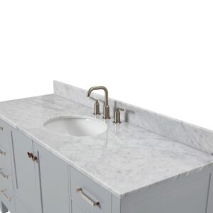 ARIEL 61" Grey Bathroom Vanity with Italian Carrara Marble Countertop & Backsplash, Center Oval Sink, 2 Soft Closing Doors, 9 Full Extension Dovetail Drawers, Brushed Nickel