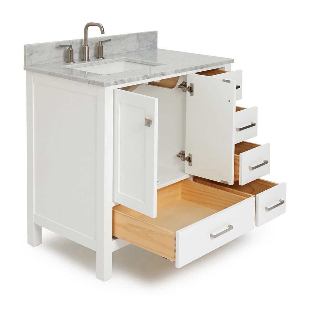 ARIEL Cambridge 37 Inch Bathroom Vanity with Sink, White Bathroom Vanity, Solid Wood Vanity Base Cabinet, Carrara Marble Countertop, Left Rectangular Single Sink, 2 Soft Closing Doors, 5 Drawers