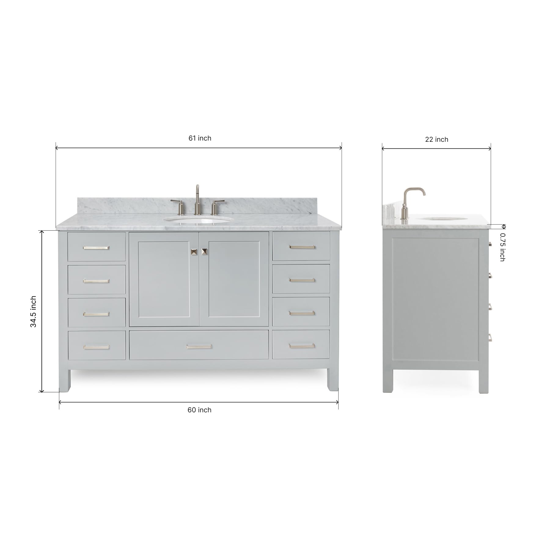 ARIEL 61" Grey Bathroom Vanity with Italian Carrara Marble Countertop & Backsplash, Center Oval Sink, 2 Soft Closing Doors, 9 Full Extension Dovetail Drawers, Brushed Nickel