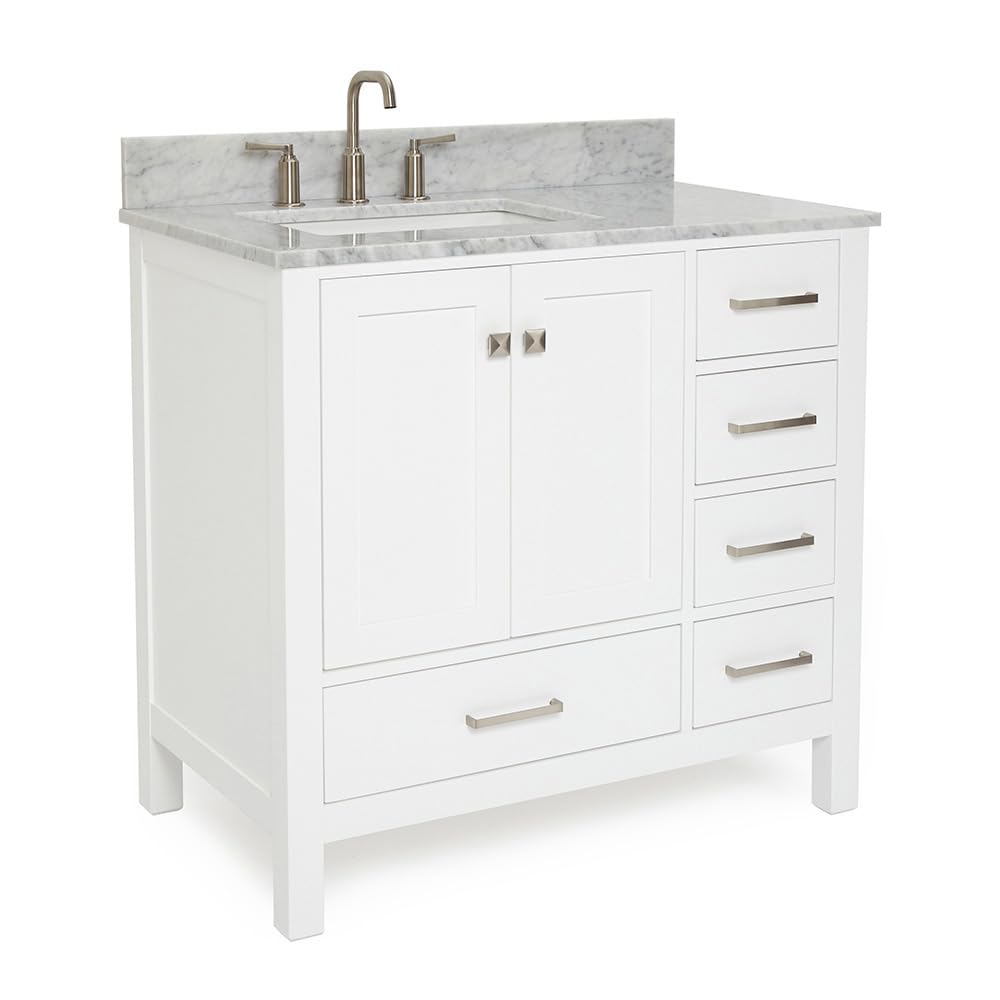 ARIEL Cambridge 37 Inch Bathroom Vanity with Sink, White Bathroom Vanity, Solid Wood Vanity Base Cabinet, Carrara Marble Countertop, Left Rectangular Single Sink, 2 Soft Closing Doors, 5 Drawers