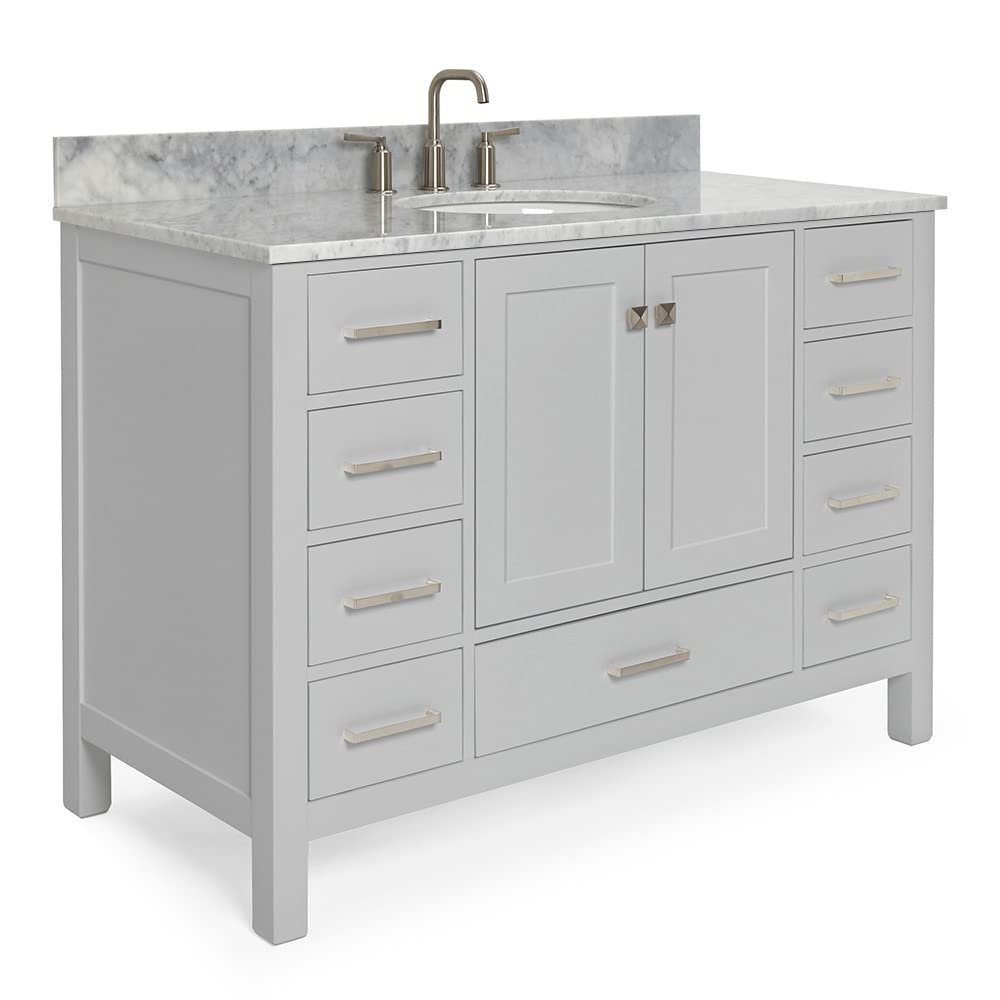 ARIEL 49" Grey Bathroom Vanity with Italian Carrara Marble Countertop & Backsplash, Center Oval Sink, 2 Soft Closing Doors, 9 Full Extension Dovetail Drawers, Brushed Nickel